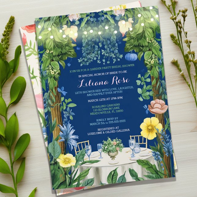 Twinkling Lights Blue Floral Garden Bridal Shower Invitation (Creator Uploaded)