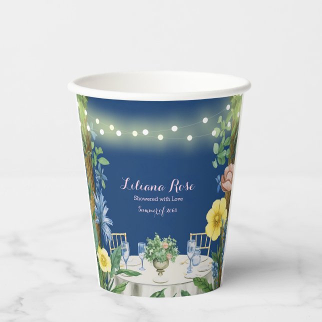 Twinkling Lights Blue Floral Garden Bridal Shower Paper Cups (Front)