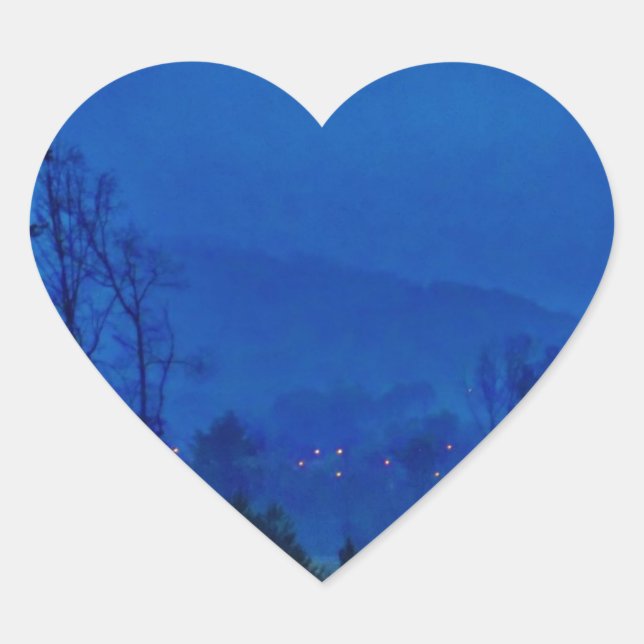 Twinkling Lights in a Blue Mountain Mist Heart Sticker (Front)