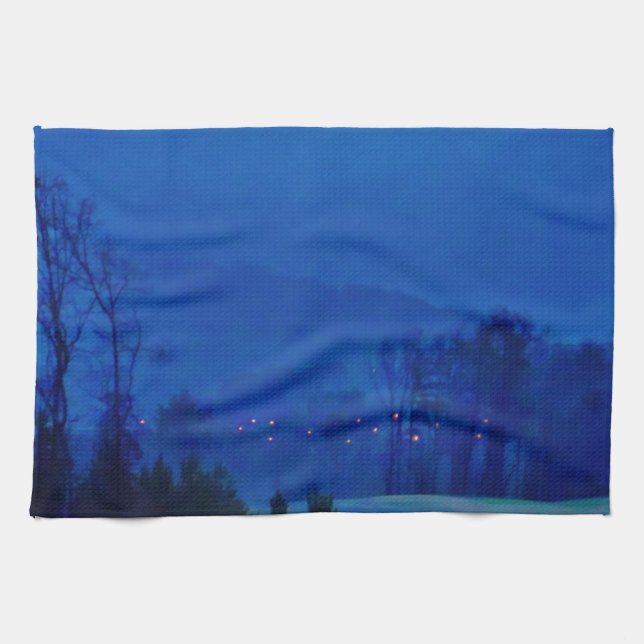 Twinkling Lights in a Blue Mountain Mist Kitchen Towel (Horizontal)