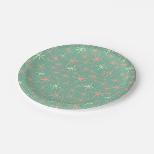 Twinkling Mid-Century Retro Atomic Stars Pink Teal Paper Plate