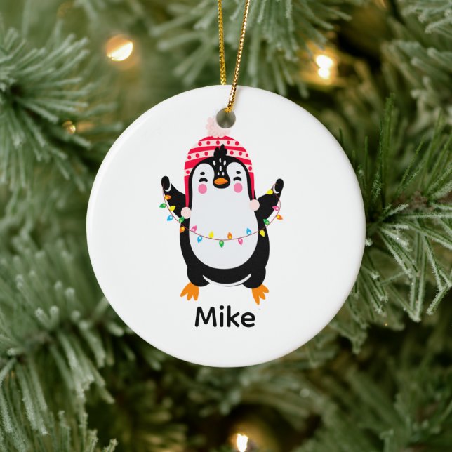Twinkling Penguin with Christmas Lights Ceramic Ornament (Tree)