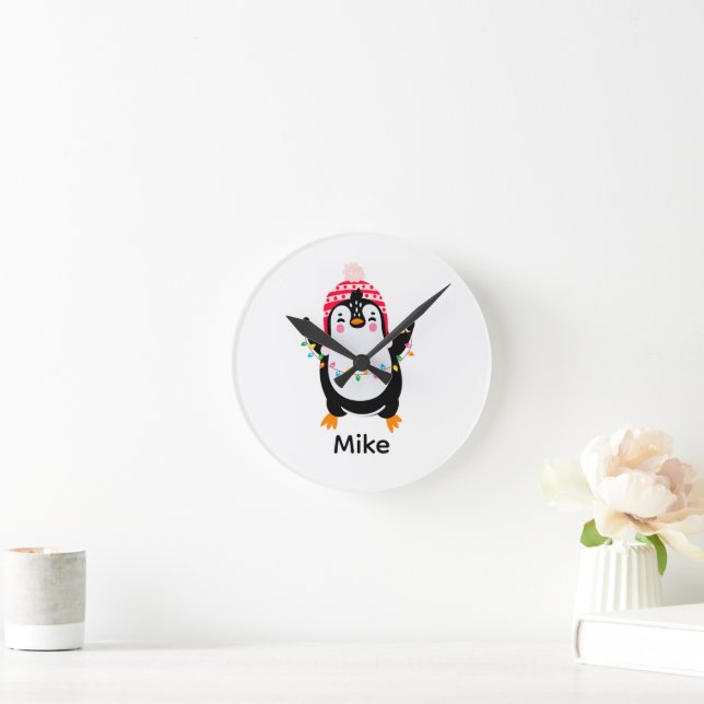 Twinkling Penguin with Christmas Lights Round Clock (Home)