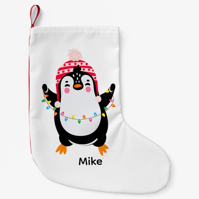 Twinkling Penguin with Christmas Lights Small Christmas Stocking (Front)