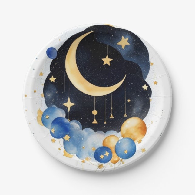 Twinkling Sky Baby Shower Moon & Stars Theme Paper Plate (Front)