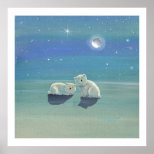 Twinkling Winter Polar Bear Cubs Poster Print