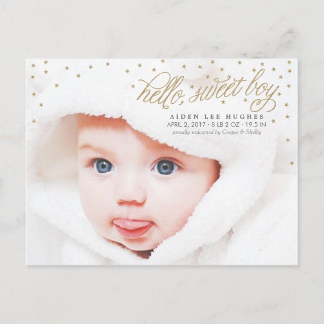 Twinkly Gold Stars Baby Boy Birth Announcement (Front)