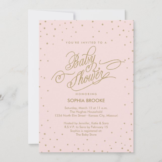 Twinkly Gold Stars Fancy Pink Baby Shower Invite (Front)