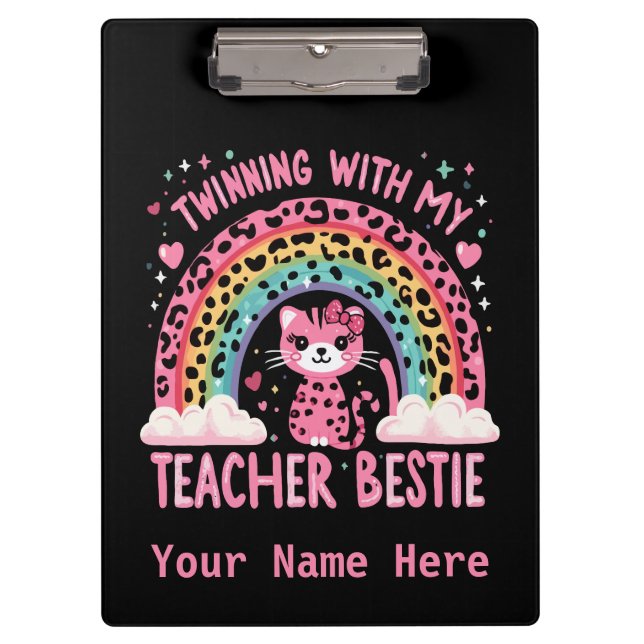 Twinning With My Teacher Bestie Rainbow Cat Lover Clipboard (Front)