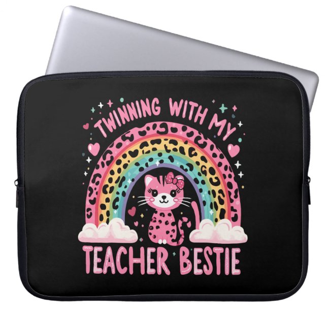 Twinning With My Teacher Bestie Rainbow Cat Lover Laptop Sleeve (Front)