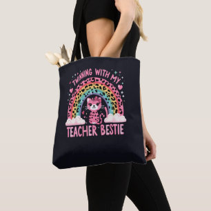 Twinning With My Teacher Bestie Rainbow Cat Lover Tote Bag