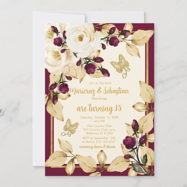 Twins 15th Birthday Champagne Burgundy Gold Frame Invitation (Front)