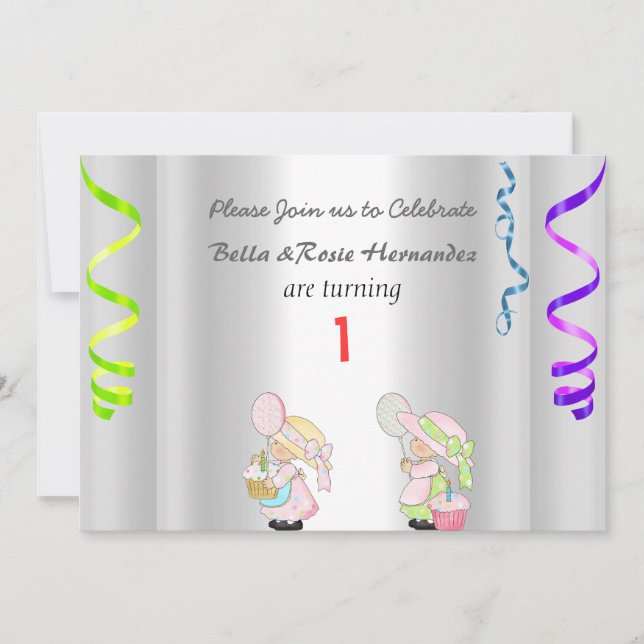 Twins 1er anniversaire Faire-part Party Argent (Devant)
