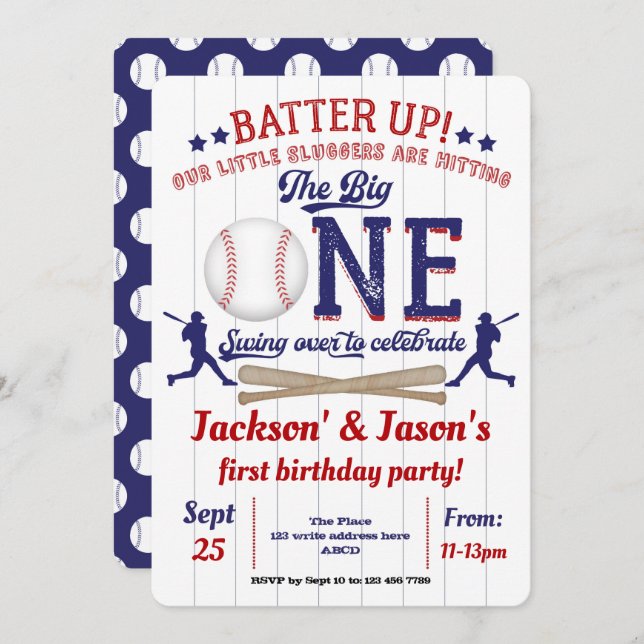Twins, 1st birthday, Baseball Invitation (Front/Back)
