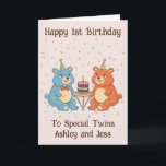 Twins 1st Birthday Card<br><div class="desc">Celebrate the adorable twins’ 1st birthday with this charming and heartwarming birthday card. Featuring two sweet bears joyfully holding a cake with a single candle,  this card perfectly captures the essence of double the joy and double the fun.</div>