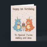 Twins 1st Birthday Card<br><div class="desc">Celebrate the adorable twins’ 1st birthday with this charming and heartwarming birthday card. Featuring two sweet bears joyfully holding a cake with a single candle,  this card perfectly captures the essence of double the joy and double the fun.</div>