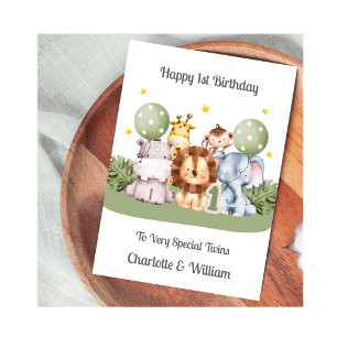 Twins 1st Birthday Safari Leaf Animals Card