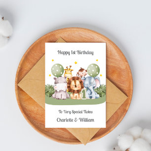 Twins 1st Birthday Safari Leaf Animals Card