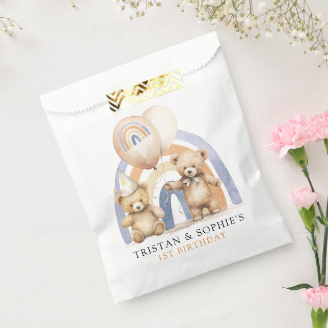 Twins 1st Birthday Watercolor Teddy Bears Favour Bag (Sealed)