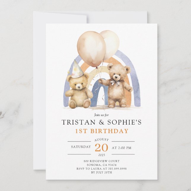 Twins 1st Birthday Watercolor Teddy Bears Invitation (Front)