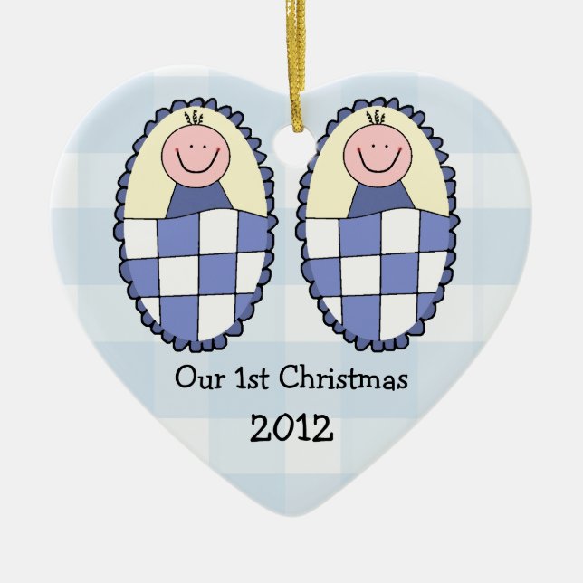 Twins 1st Christmas Blue Ceramic Ornament (Front)