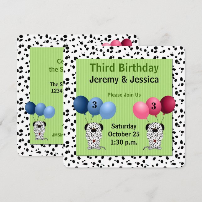 Twins 3rd Birthday Party Green with Dalmatians Invitation (Front/Back)