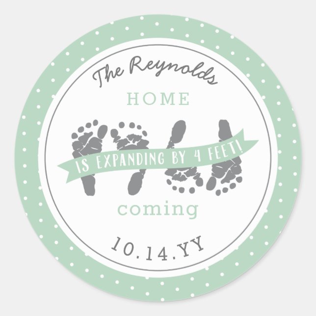 Twins Announcement Four Baby Feet Green Ribbon Classic Round Sticker (Front)