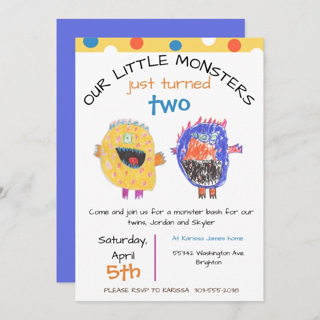 TWINS Any Age Yellow Monster Birthday Invitation (Front/Back)