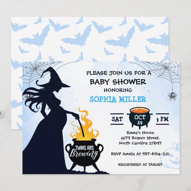 Twins are Brewing Shower Witch Halloween Cauldron Invitation (Front/Back)