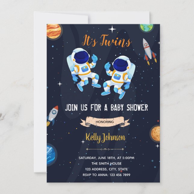 Twins astronauts baby shower invitation (Front)