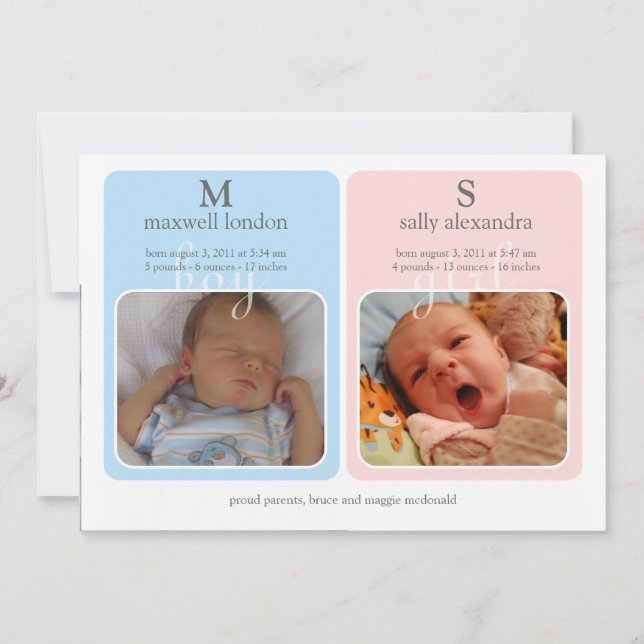 Twins Baby Announcment - Monogram Announcement (Front)