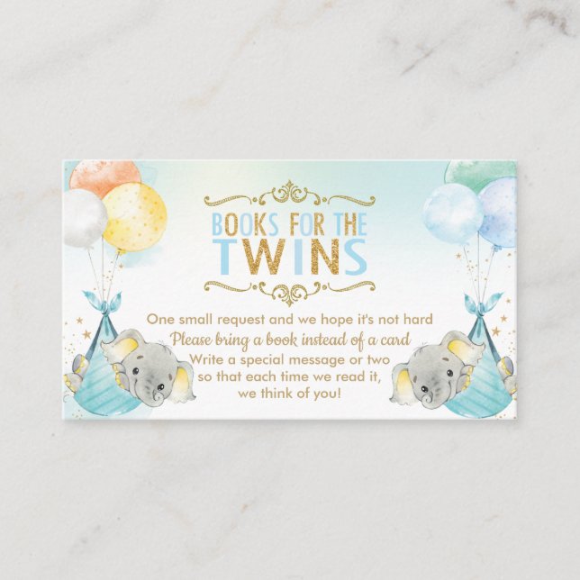 Twins Baby Boys Elephant Bring a Book Instead Enclosure Card (Front)