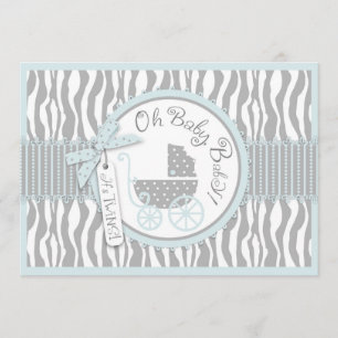 TWINS Baby Carriage, Zebra Print, Blue Baby Shower Invitation