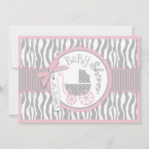 TWINS Baby Carriage, Zebra Print, Pink Baby Shower Invitation