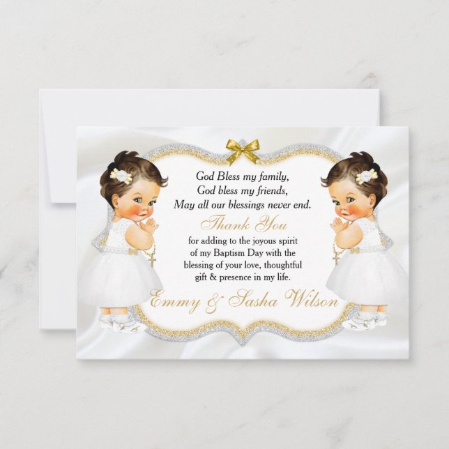 Twins Baby Girl Baptism Gold Cross Thank You (Front)