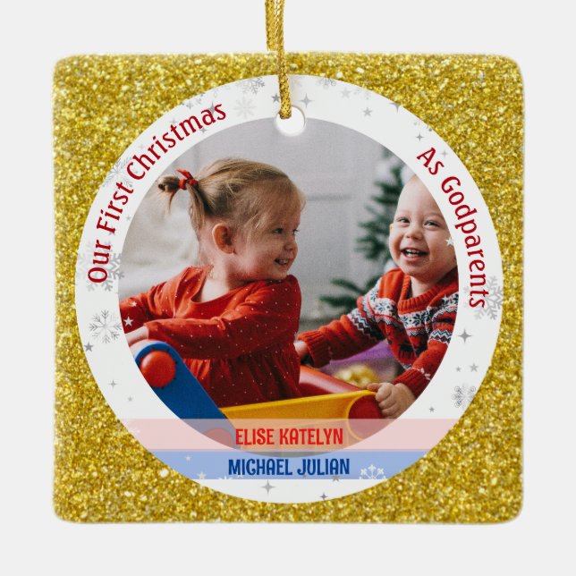 Twins Baby Girl Boy 1st Xmas As Godparents Photos Ceramic Ornament (Front)