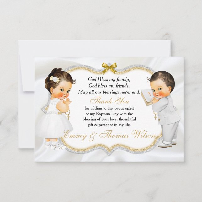 Twins Baby Girl Boy Baptism Gold Cross Thank You (Front)