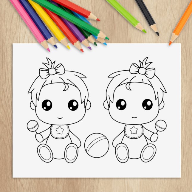 Twins Baby Girls Colouring Page Rubber Stamp (Creator Uploaded)