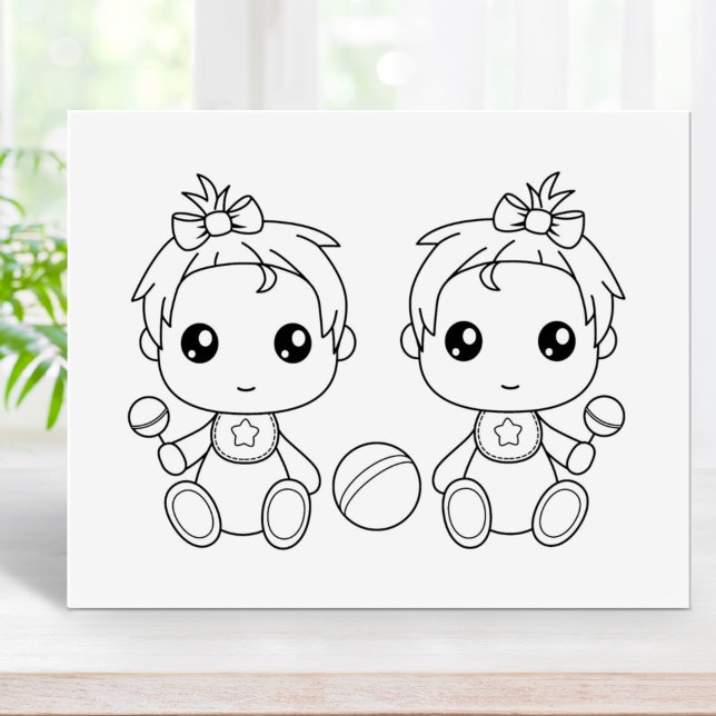 Twins Baby Girls Colouring Page Rubber Stamp (Creator Uploaded)