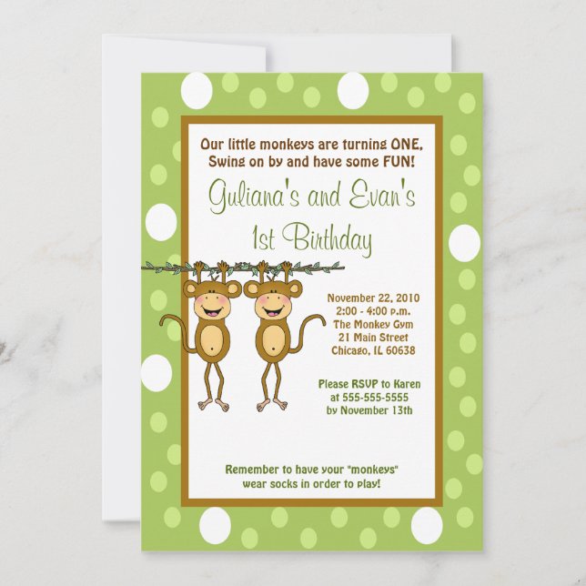 TWINS Baby Monkey 5x7 1st Birthday Invitation (Front)