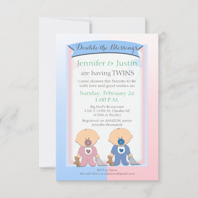 Twins Baby Shower Blue and Pink Blankets (Jen) Invitation (Front)