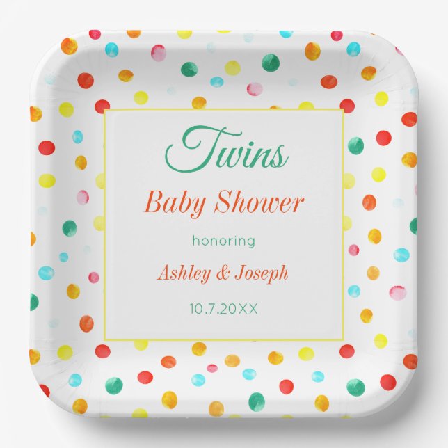 Twins Baby Shower Colourful Dots Pattern Paper Plate (Front)