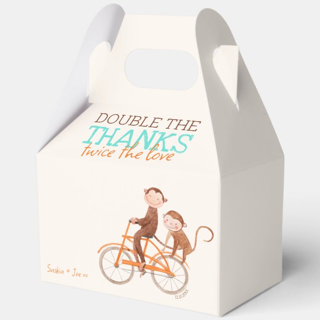 Twins Baby Shower Cute Monkey Double Trouble  Favor Box (Back)