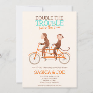 Twins Baby Shower Cute Monkey Double Trouble  Invitation