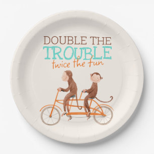 Twins Baby Shower Cute Monkey Double Trouble Paper Plate