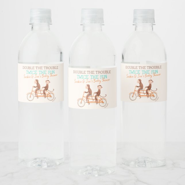 Twins Baby Shower Cute Monkey Double Trouble  Water Bottle Label (Bottles)