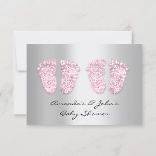 Twins Baby Shower Feet Glitter Grey Pink Girls Invitation