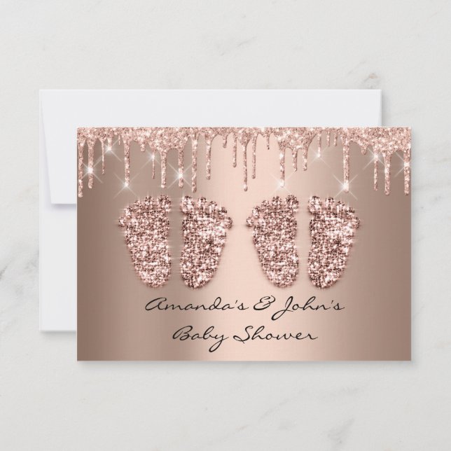Twins Baby Shower Feet Glitter Rose Drips Girl Boy Invitation (Back)