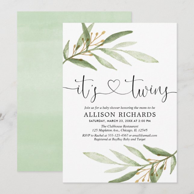 Twins baby shower, greenery green gold modern invitation (Front/Back)