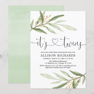 Twins baby shower, greenery green gold modern invitation